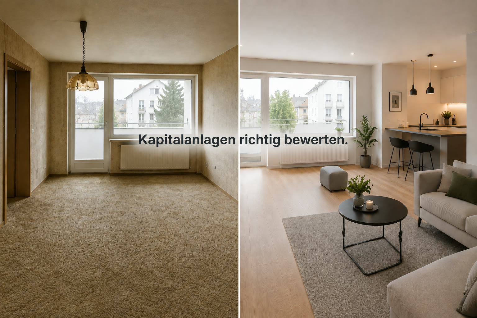 Wohnraum einer Eigentumswohnung vor und nach der Aufwertung
